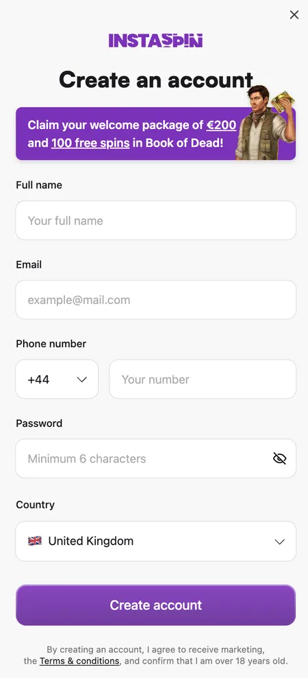 Insta Spin registration form with welcome bonus banner